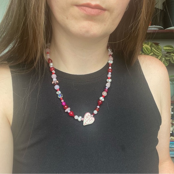True Love Pink Red & White Beaded Necklace Ceramic Heart Face Pendant Pearl - Picture 13 of 13
